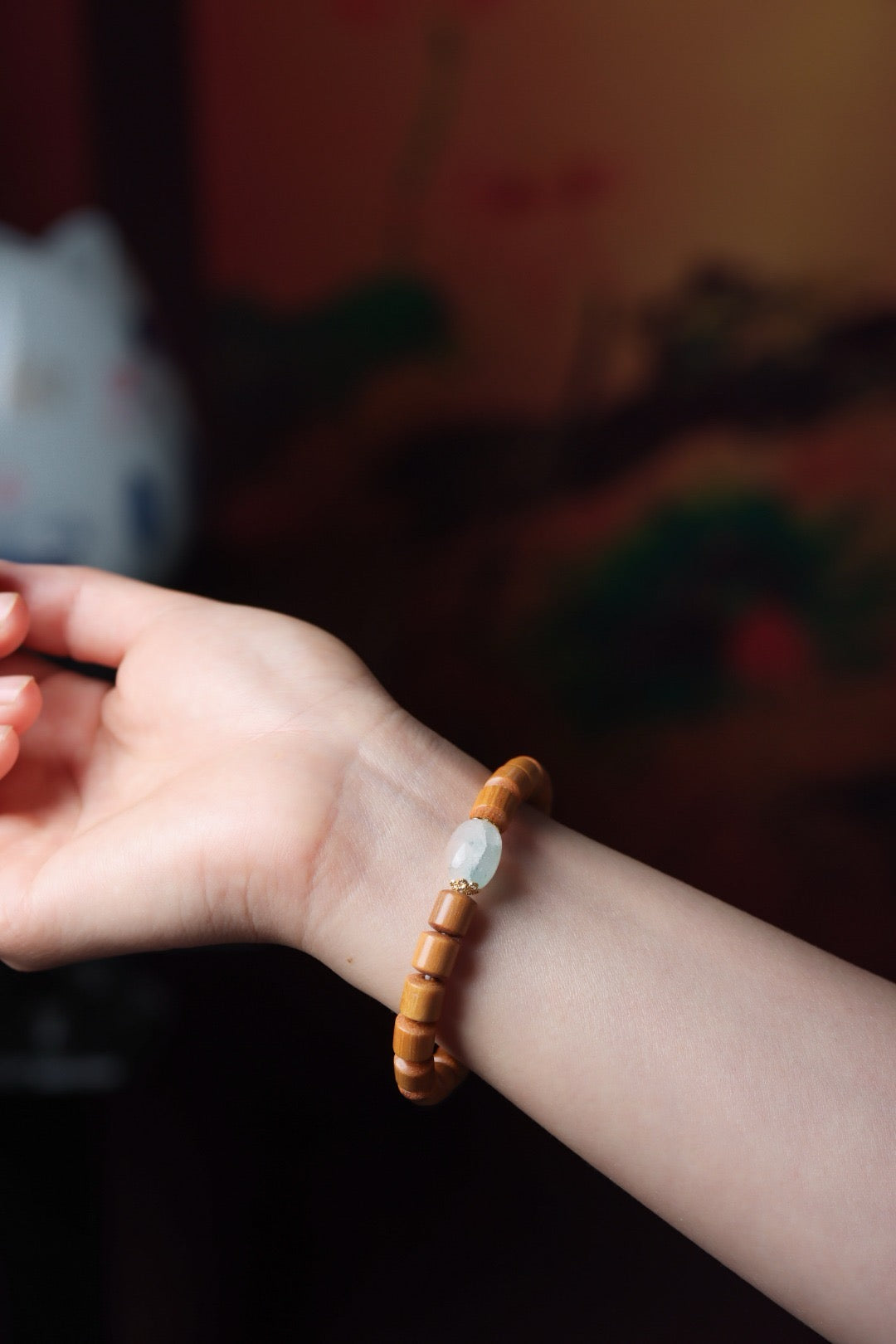 Sandalwood Barrel Bead Glass Bracelet