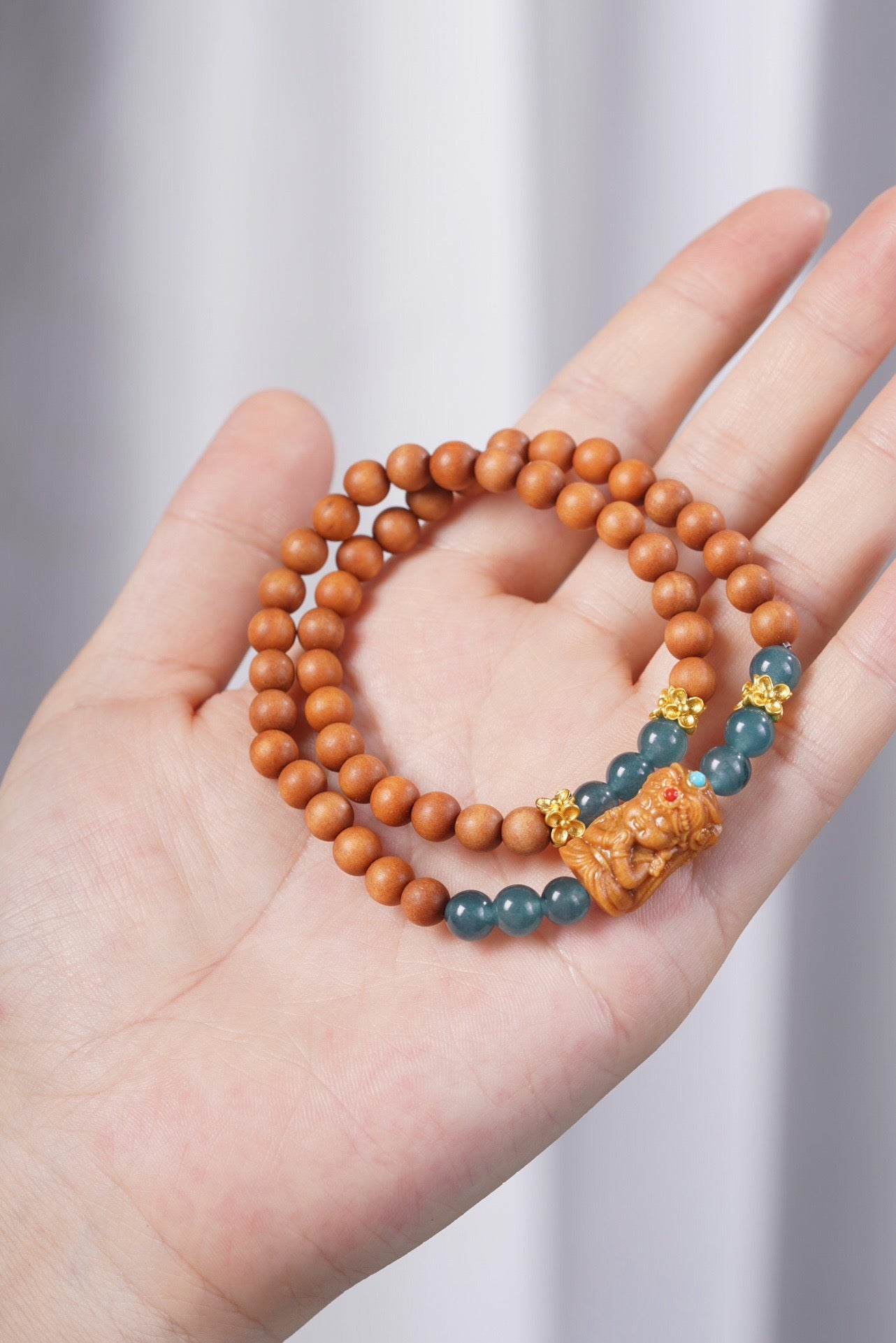 Barbie Sandalwood with Natural Blue Aquamarine and Tsakli Ram Double Loop Bracelet