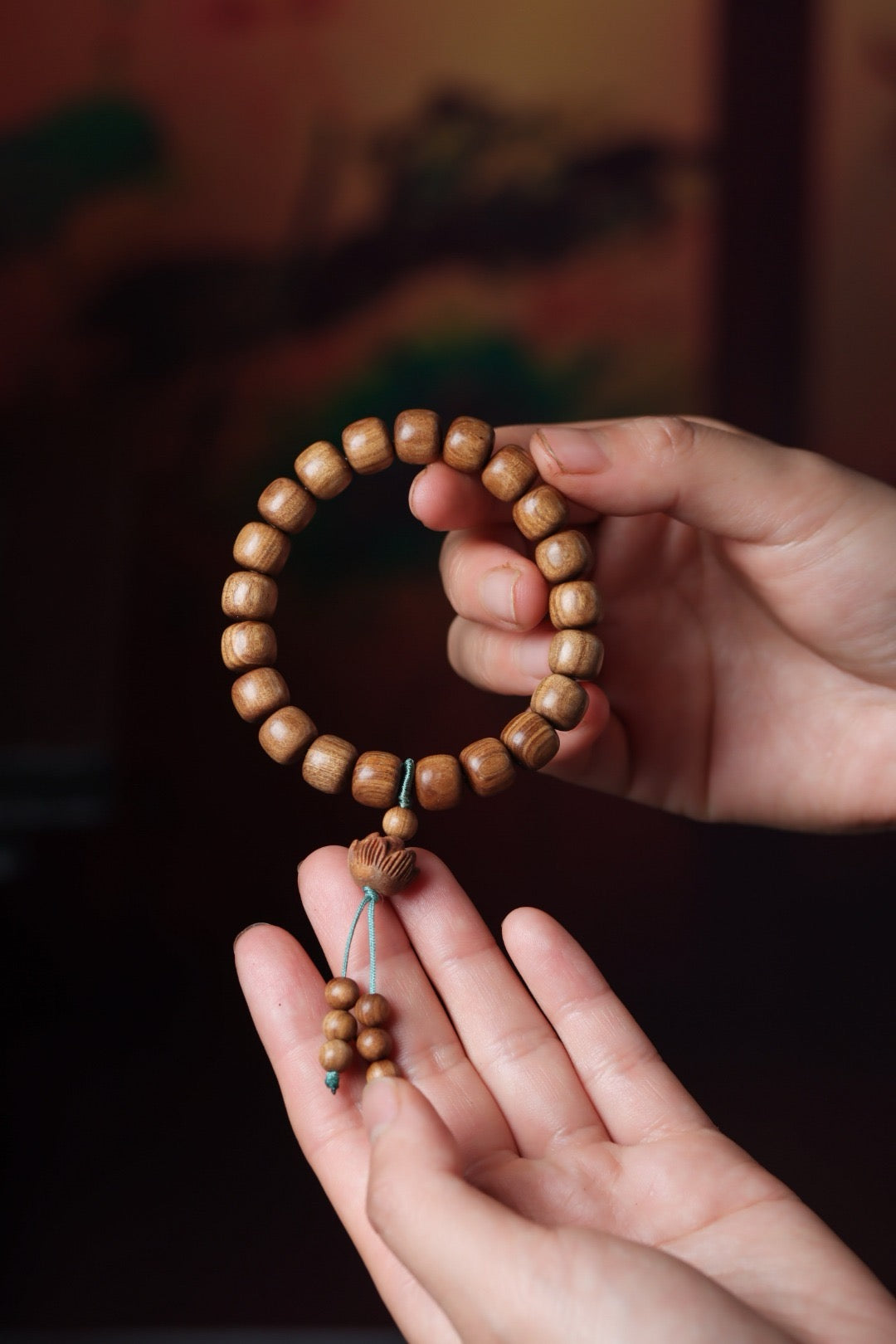 Australian Sandalwood Barrel Bead with Lotus Pendant Bracelet