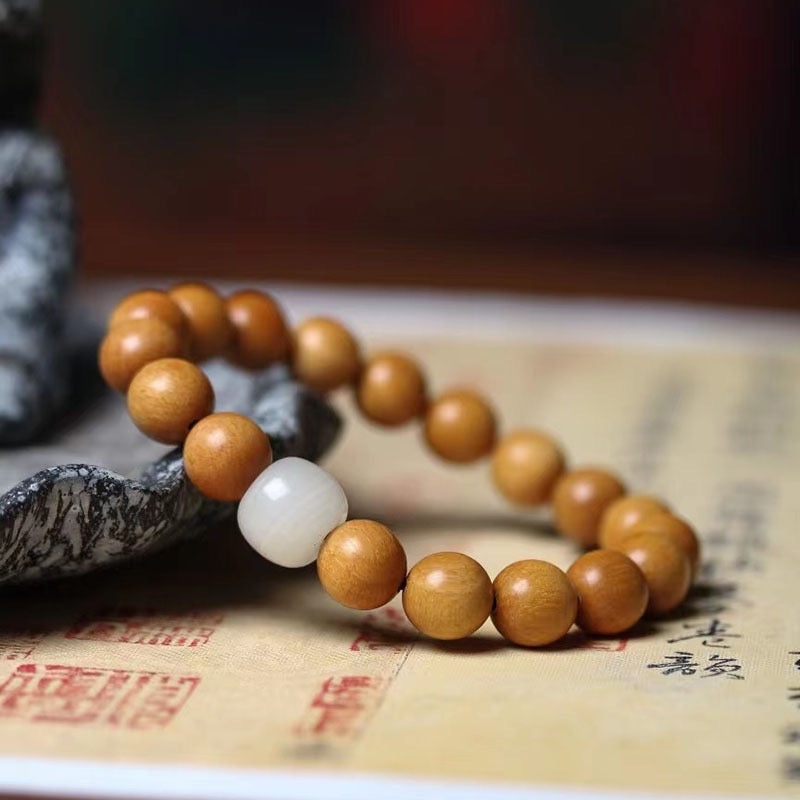 Aged Sandalwood and White Jade Bracelet