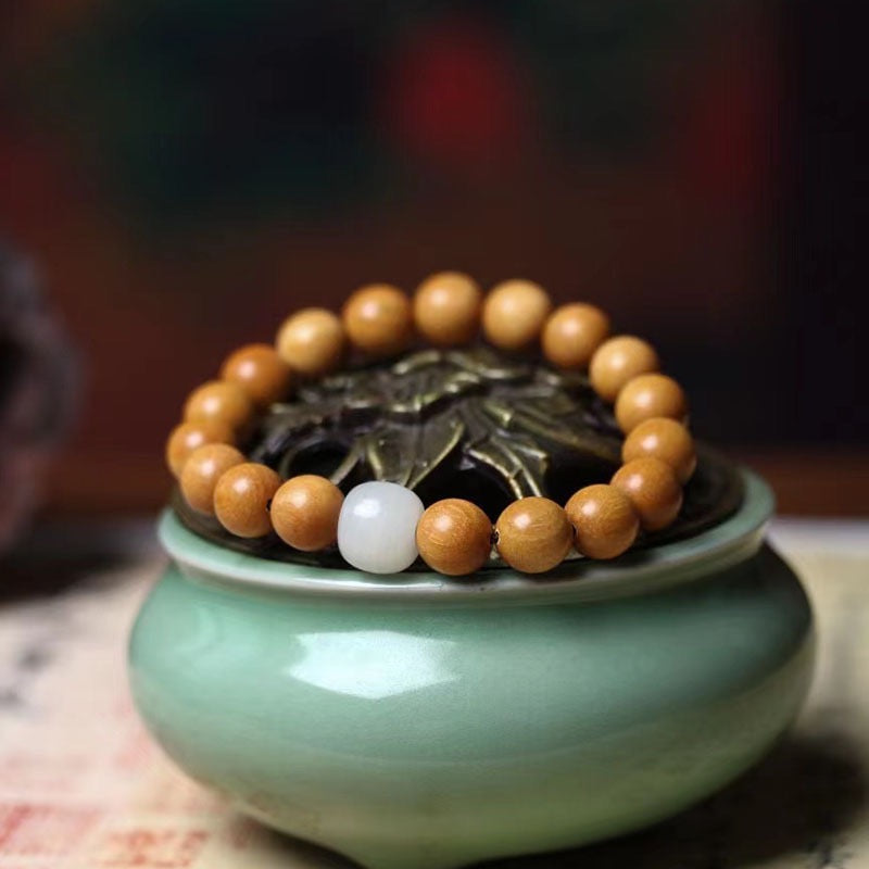 Aged Sandalwood and White Jade Bracelet