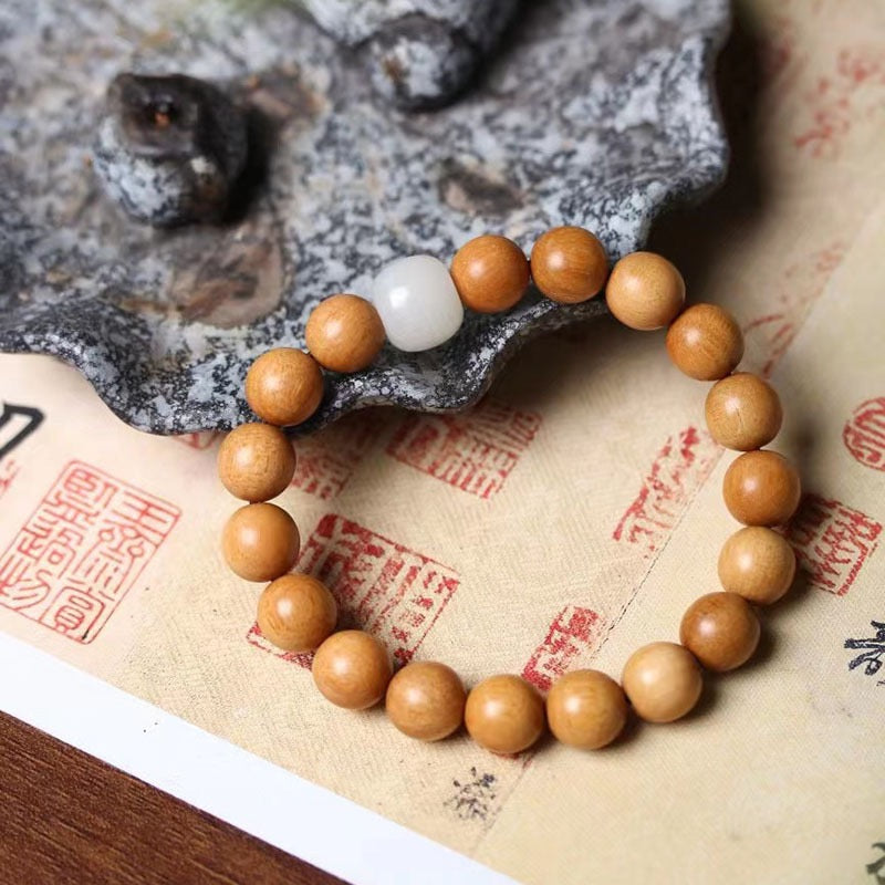 Aged Sandalwood and White Jade Bracelet