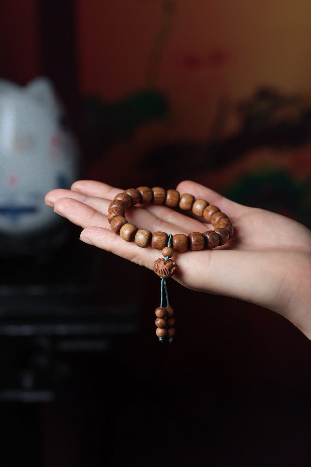 Australian Sandalwood Barrel Bead with Lotus Pendant Bracelet