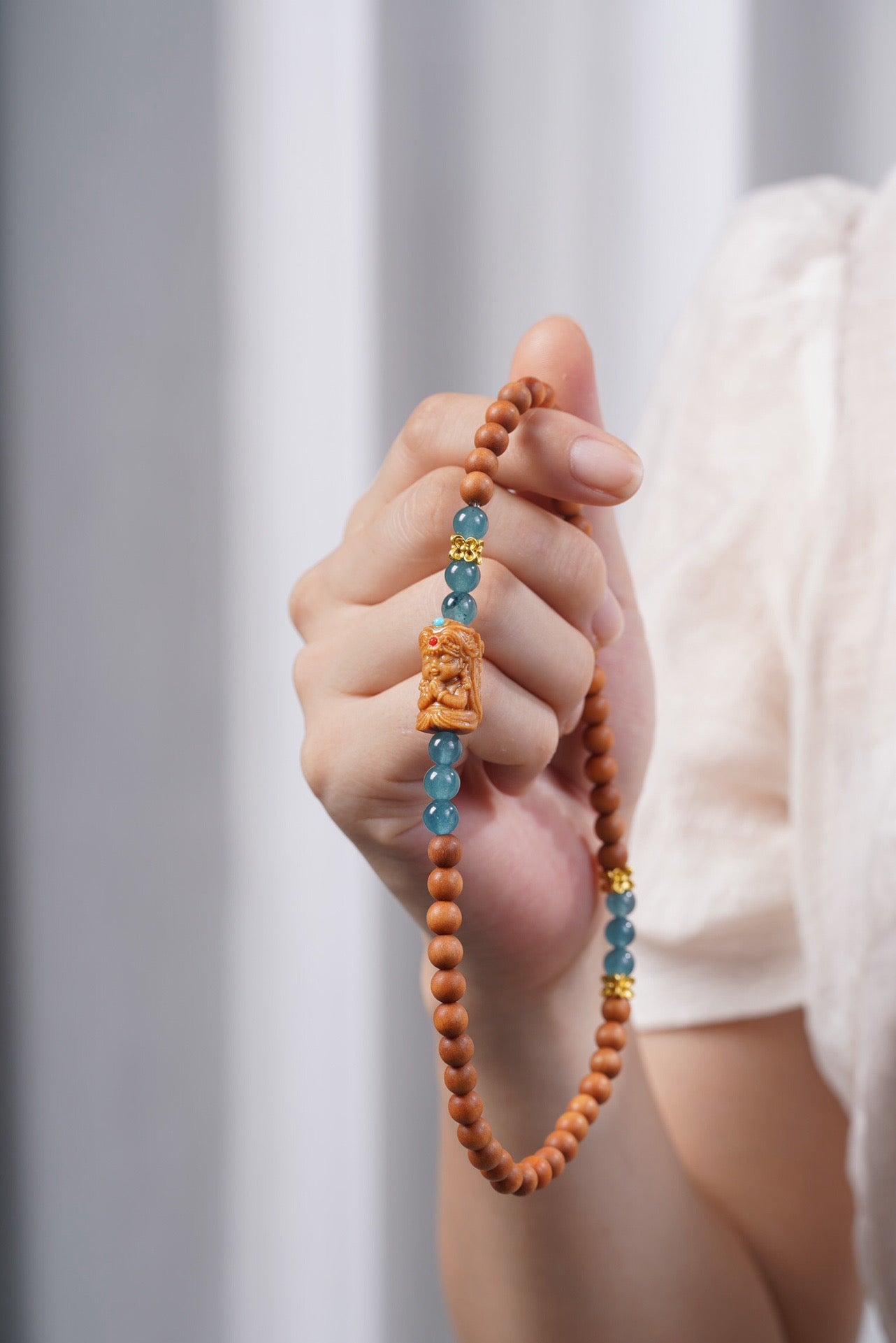 Barbie Sandalwood with Natural Blue Aquamarine and Tsakli Ram Double Loop Bracelet