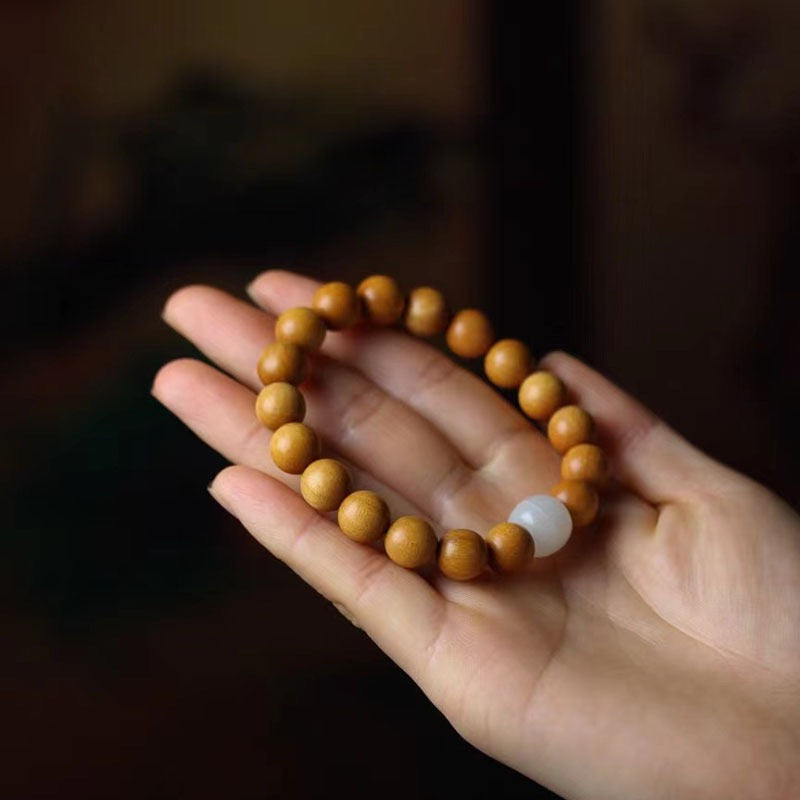 Aged Sandalwood and White Jade Bracelet