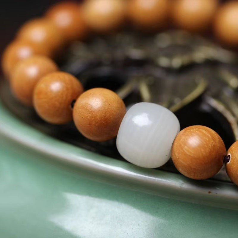 Aged Sandalwood and White Jade Bracelet