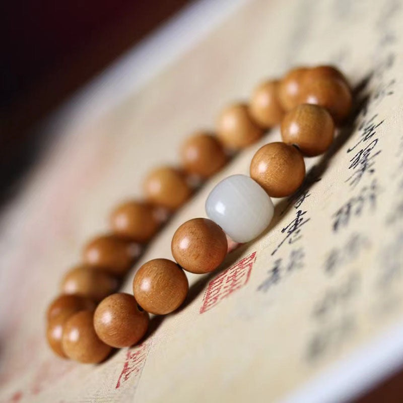 Aged Sandalwood and White Jade Bracelet