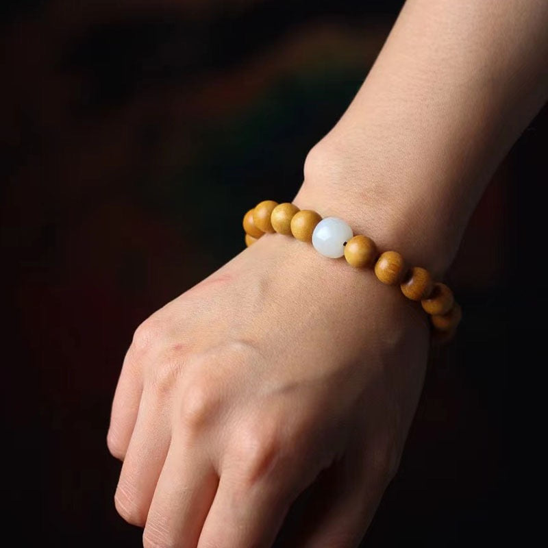 Aged Sandalwood and White Jade Bracelet