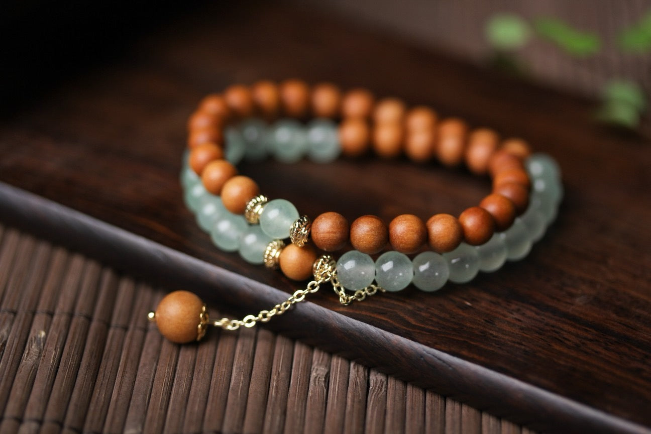 Barbie Sandalwood and Green Jade Double Circle Bracelet