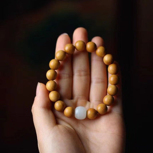 Aged Sandalwood and White Jade Bracelet