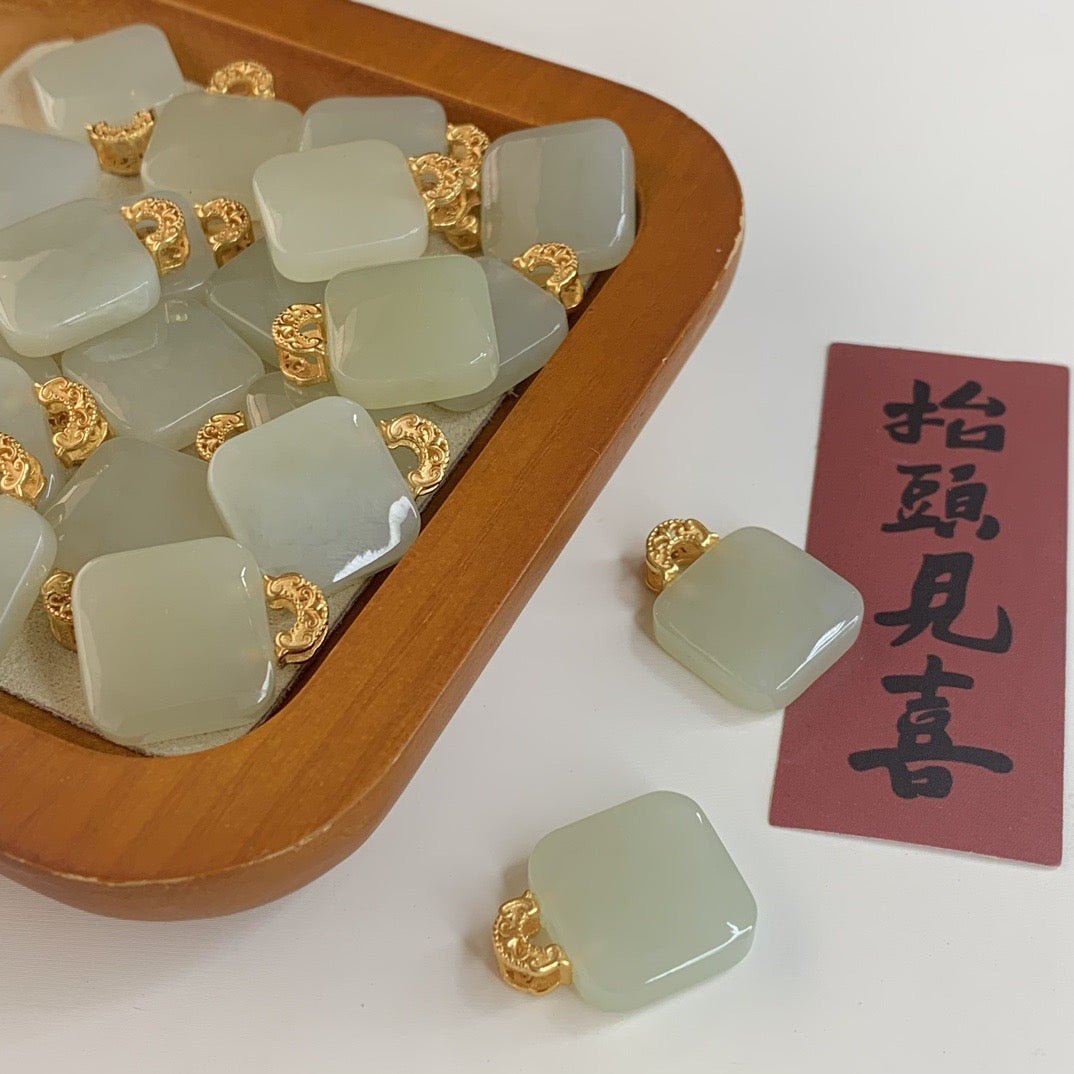 Hetian Jade Mini Square Pendant with Gold Accents