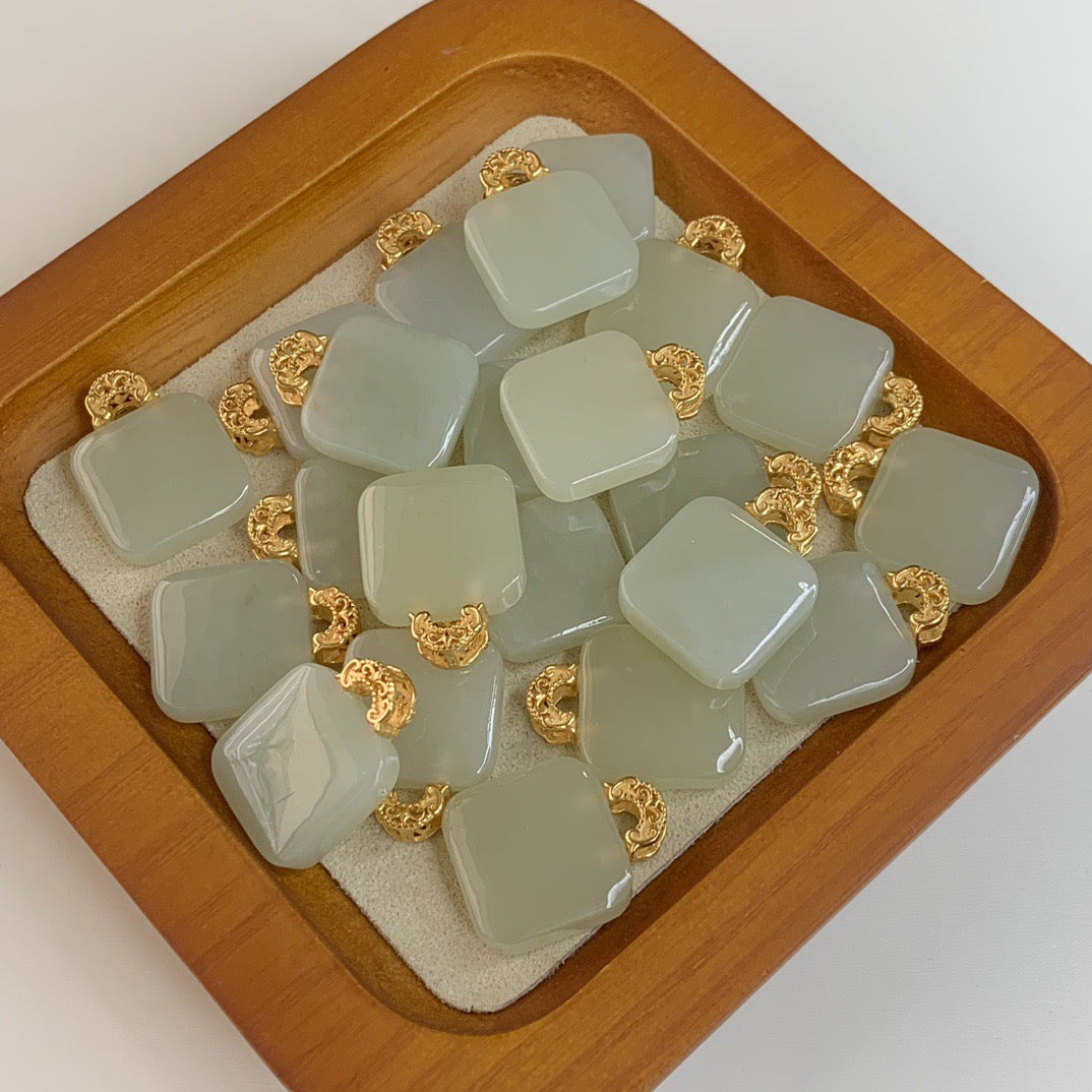 Hetian Jade Mini Square Pendant with Gold Accents