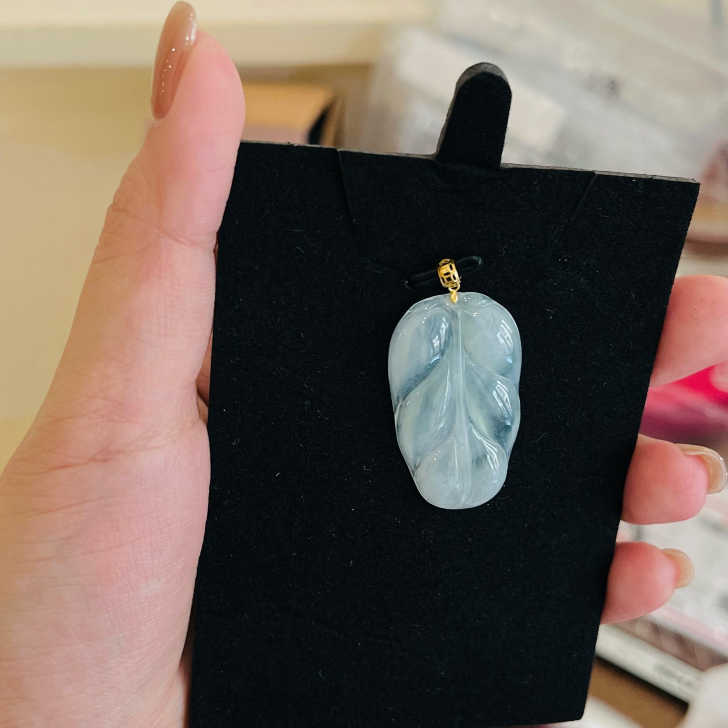 Natural Jadeite Leaf Pendant with 18K Gold Bail