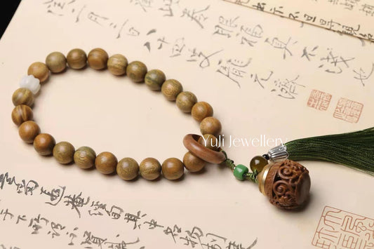 Green Sandalwood Bodhi Seed Lotus Aroma Diffuser Tassel Bracelet